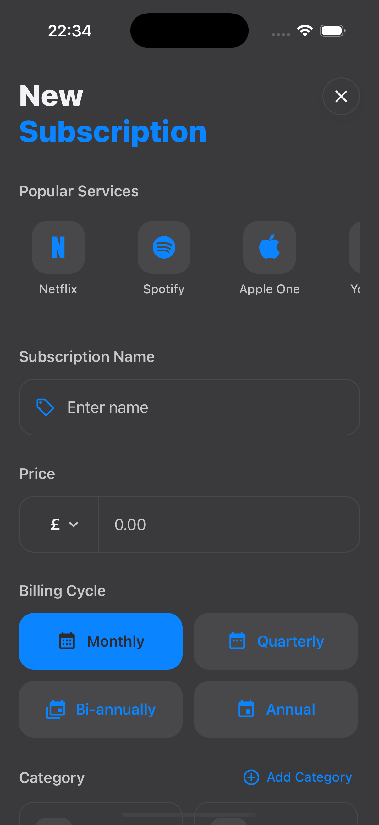 SubWise add new subscription interface